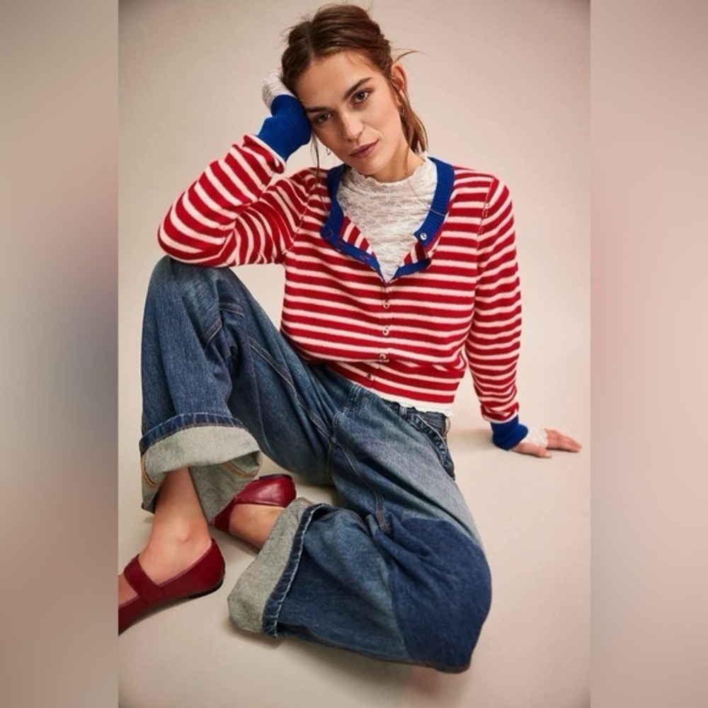 Free People Nocturnal Striped Cardi Red and White with Blue Accents Size Small